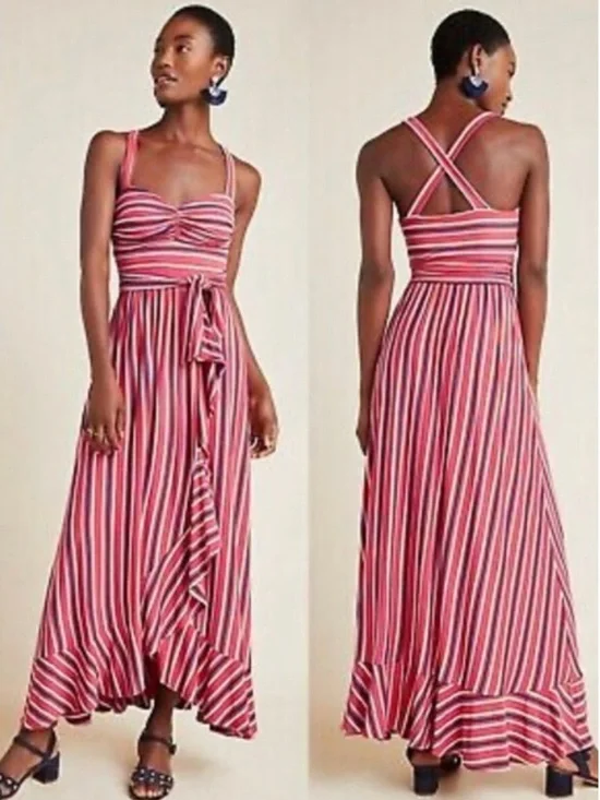 Anthropologie Maeve Gabriela ruffled maxi dress sleeveless striped sz XS - Picture 1 of 10